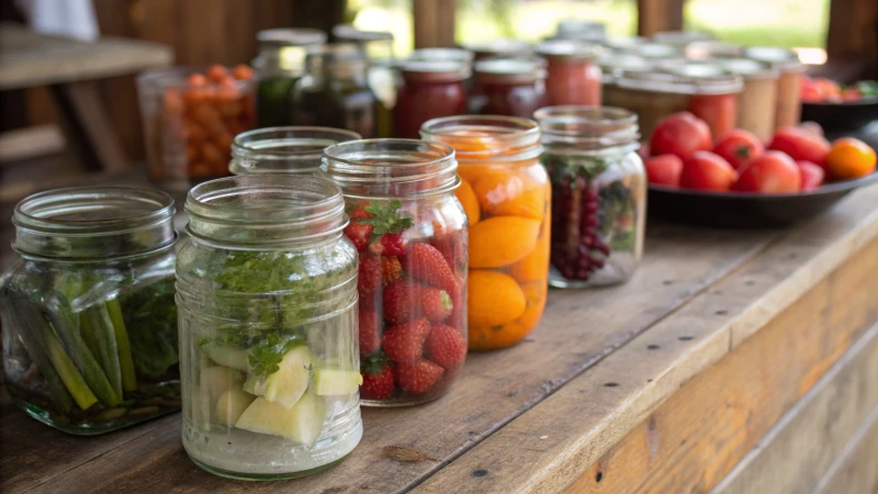 Close-up of glass containers with fruits and vegetables on a wooden table