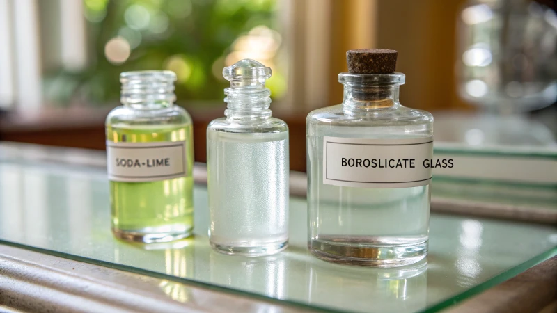 Close-up of glass cosmetic containers on a glossy surface