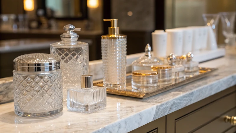 Assortment of glass cosmetic containers on a marble countertop