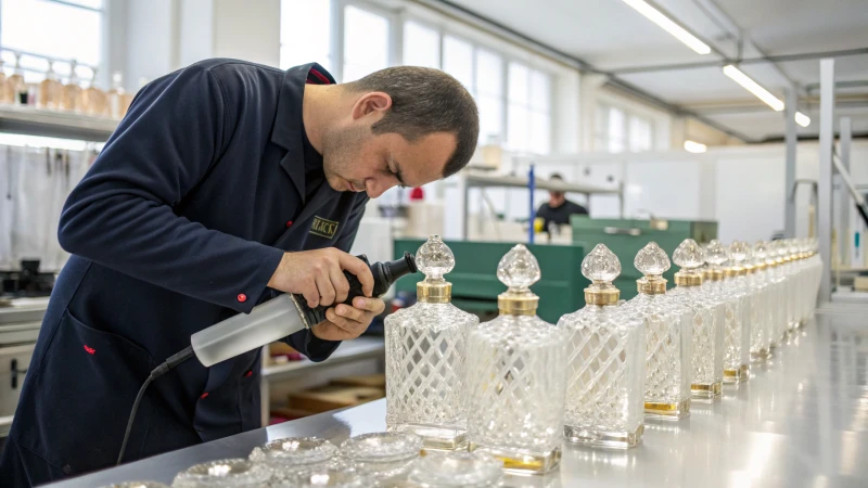 Technician polishing glass cosmetic containers in a modern workshop