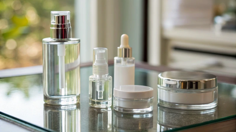 Aesthetic arrangement of glass cosmetic containers on a reflective surface