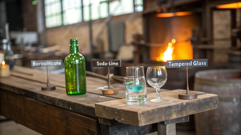 Various types of glass on a wooden table with labels