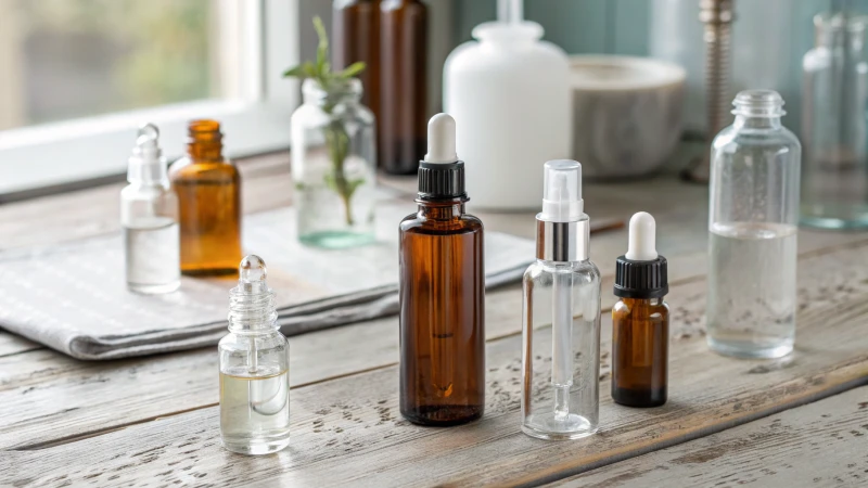 Various glass droppers and roll-on bottles on a wooden table