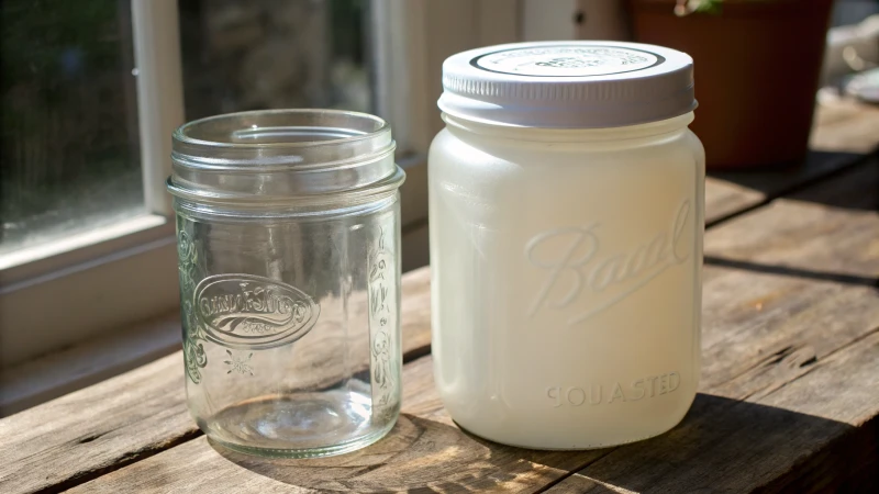 A glass jar and a plastic jar side by side on a wooden surface