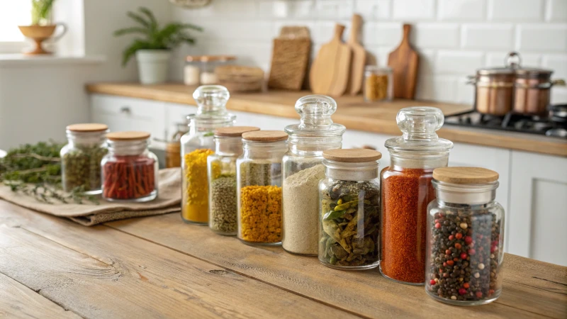 Glass jars filled with colorful spices and herbs on a wooden counter