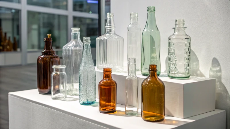 Display of various glass bottles on a minimalist background