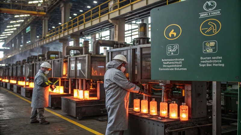 Workers in a glass factory handling molten glass and raw materials.