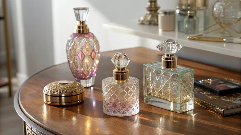 An array of elegant glass perfume bottles and cosmetic jars on a polished wooden table.