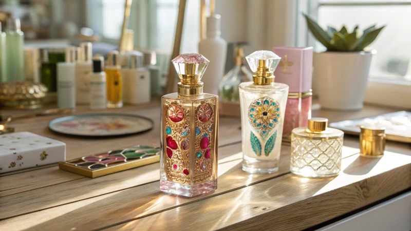 A collection of elegant glass perfume bottles and cosmetic jars on a wooden table in a workshop setting.