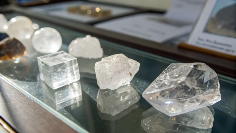 Close-up of various glass materials on a reflective surface