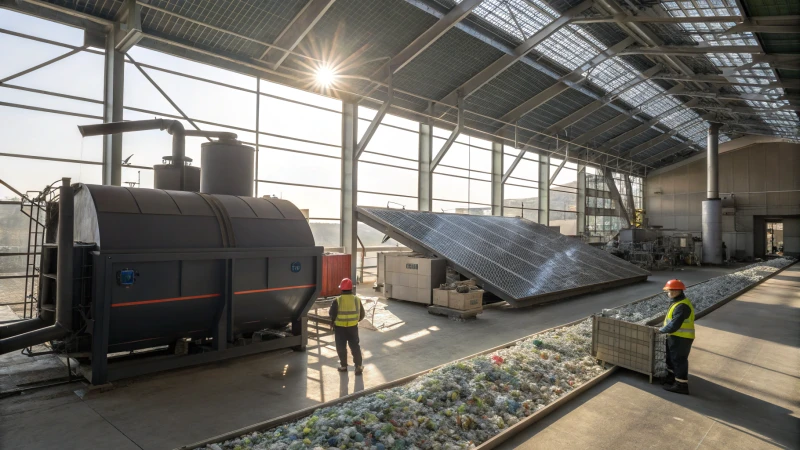 A modern glass recycling facility with workers and machinery