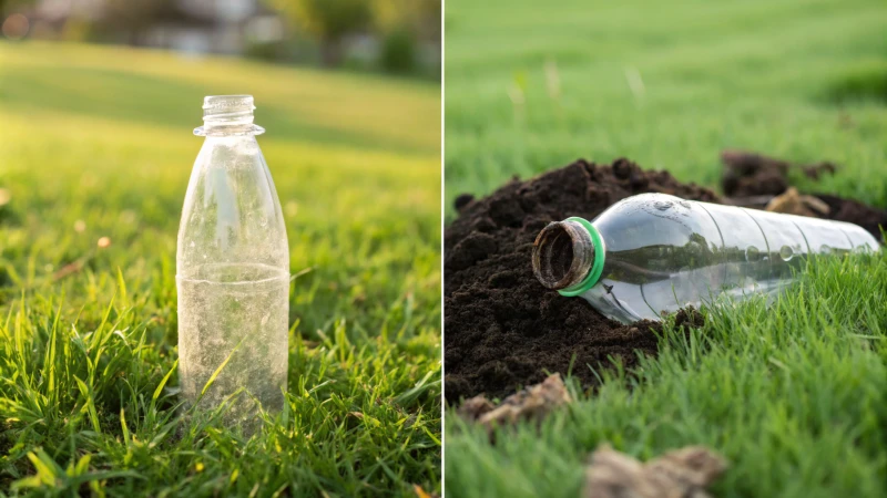 A glass bottle and a plastic bottle in contrasting environments