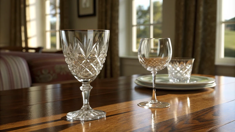 Comparison of lead crystal and non-lead crystal glassware on a wooden table