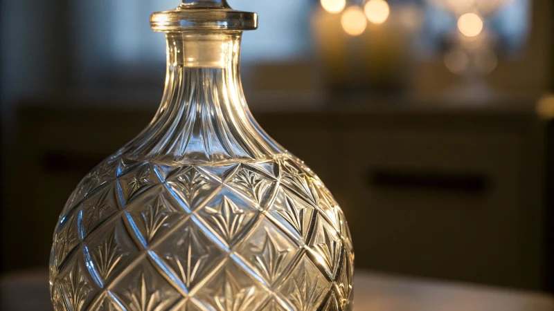 Close-up of a glossy glass bottle reflecting light