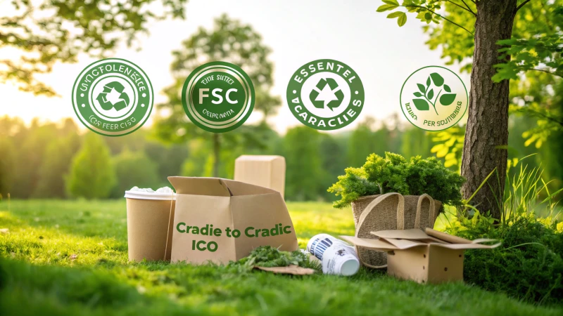 A collection of green packaging certifications logos in a natural setting