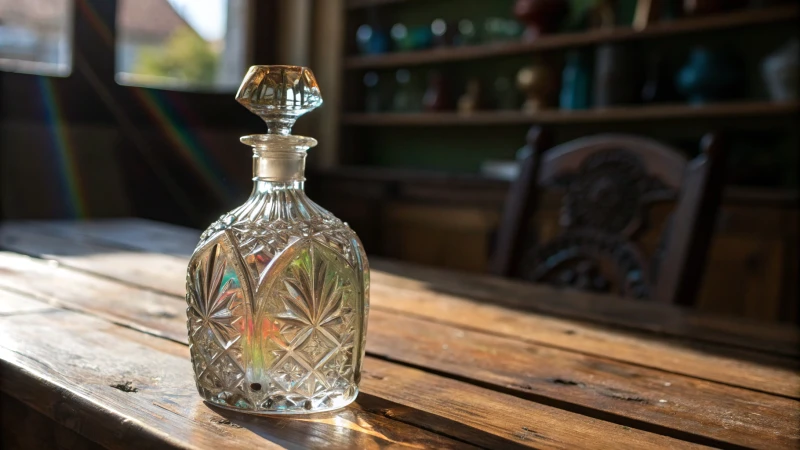 Close-up of a handcrafted crystal bottle with engravings