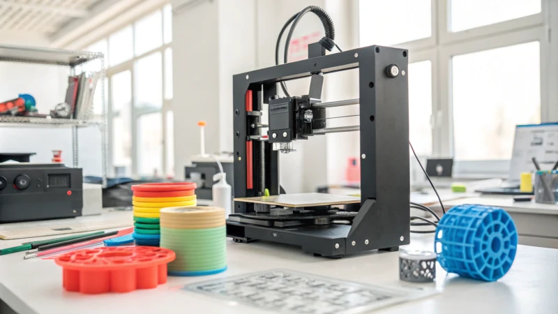 A high-tech 3D printer in a workshop creating a packaging prototype