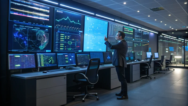 A technician in a high-tech control room analyzing data on multiple screens