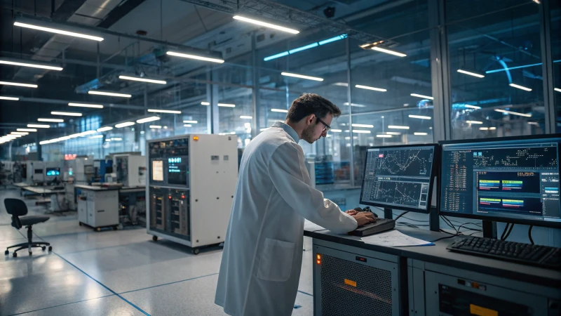 Technician in a lab coat conducting tests in a high-tech laboratory.