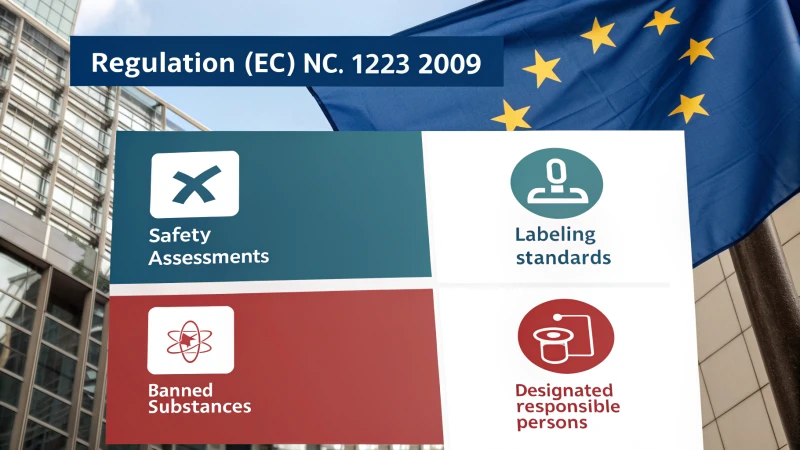 Infographic on Regulation (EC) No. 1223/2009 detailing safety assessments and labeling standards