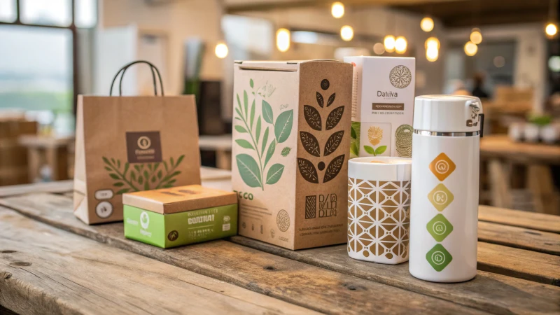 A display of innovative eco-friendly packaging designs on a wooden table