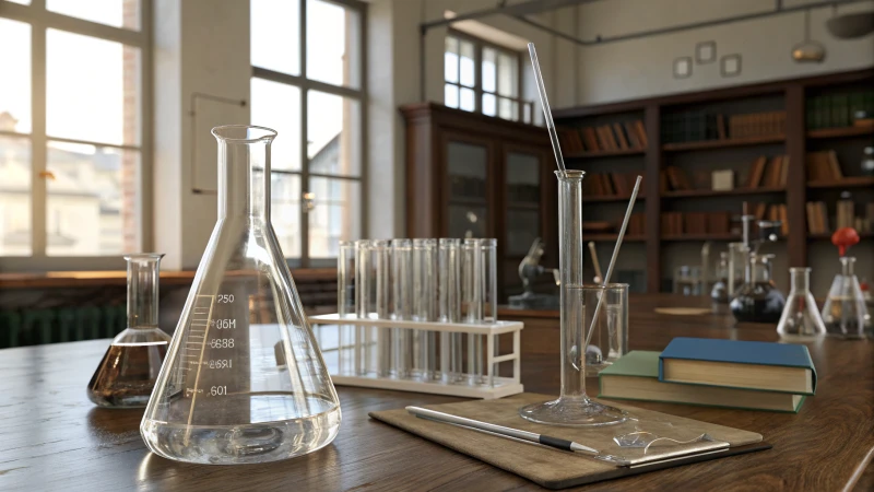 A laboratory setup with glassware on a wooden table