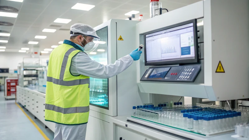 Technician in a lab testing glass samples with advanced equipment.