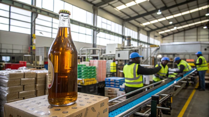 A large glass bottle on a factory production line