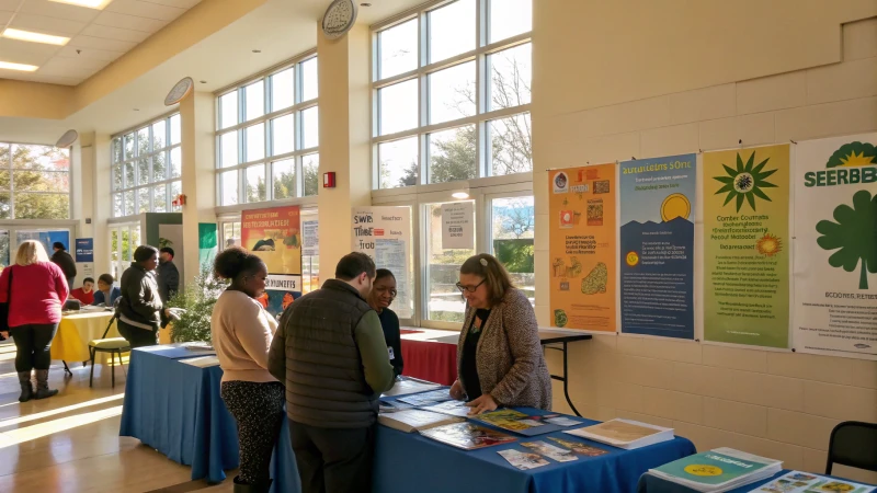 A vibrant community center with diverse individuals discussing sustainability.