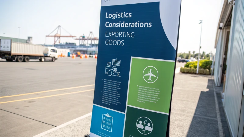 An informative infographic on logistics considerations for exporting goods, designed for business professionals.