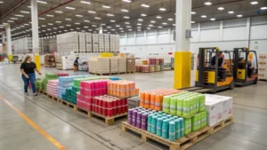 A busy logistics warehouse filled with cosmetic packaging materials.