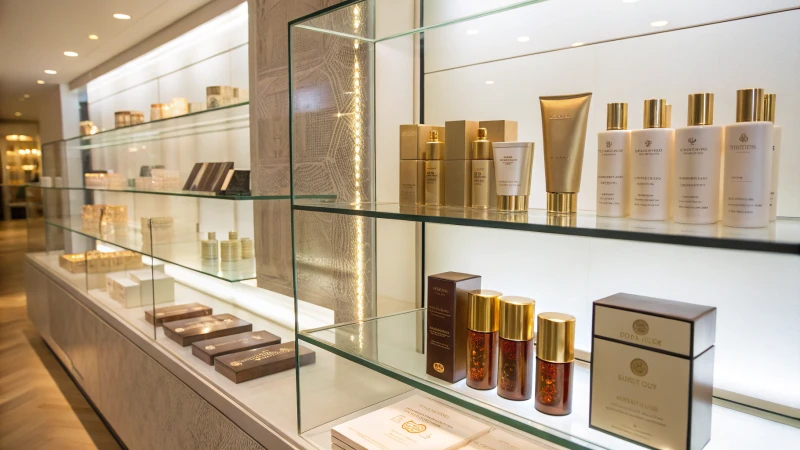 High-end skincare products elegantly displayed on glass shelves