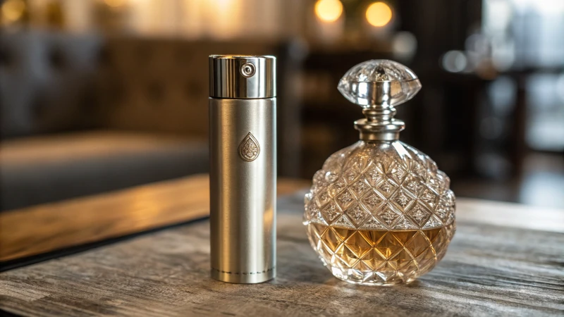 Close-up of a luxurious perfume bottle and nitrogen gas canister on a wooden table