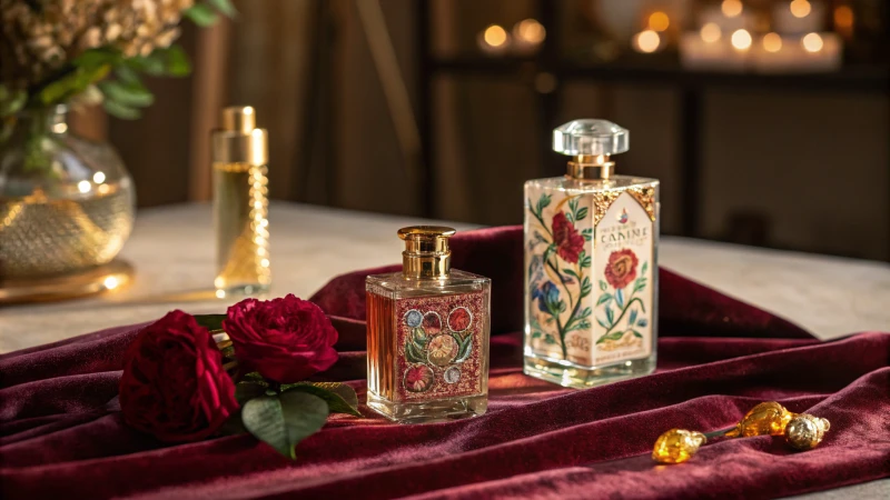 A collection of elegant perfume bottles on a velvet cloth