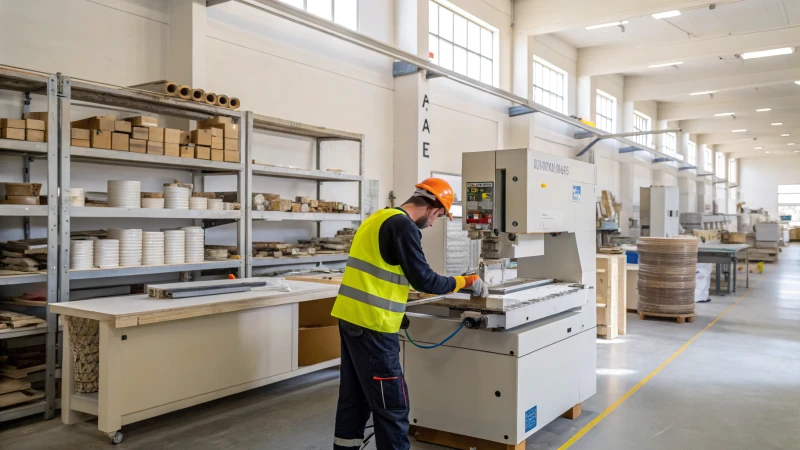 A worker operating machinery in a bright manufacturing facility