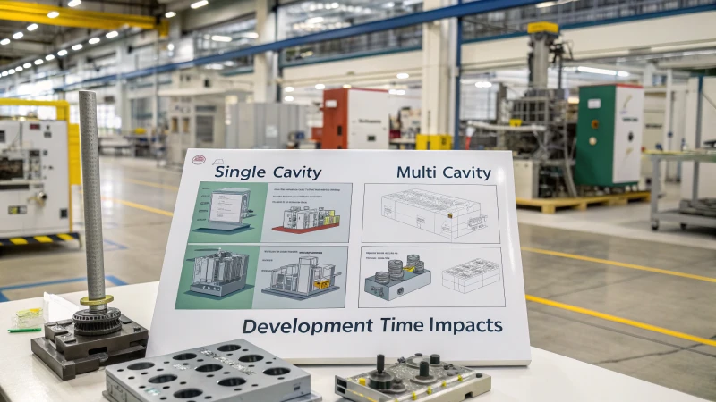 Infographic showing different types of manufacturing molds in a modern factory setting