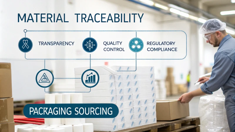 Infographic illustrating material traceability in packaging sourcing with flowchart and icons