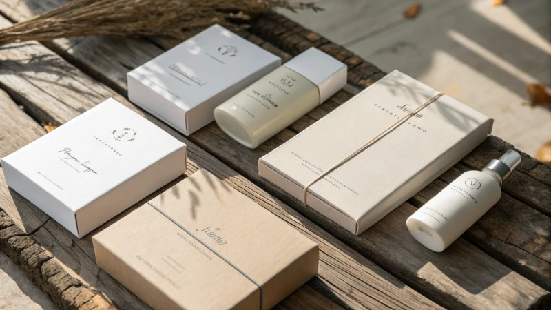 Minimalist packaging designs on a wooden surface