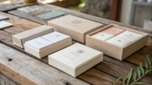 Close-up of minimalist packaging designs on a rustic wooden table