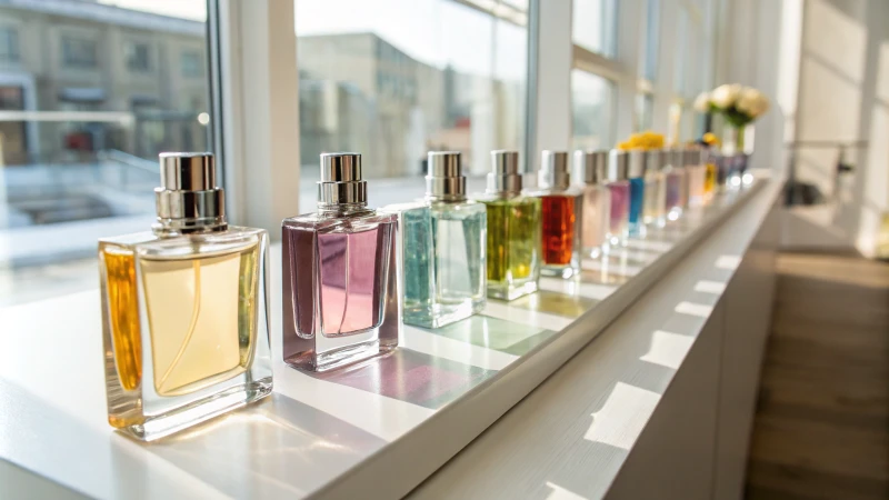 Minimalist display of colorful perfume bottles on a white shelf