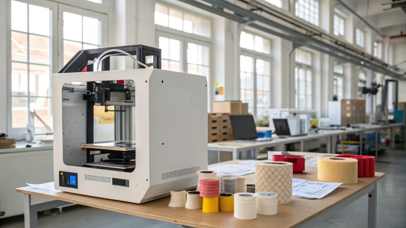 A modern 3D printer in an industrial setting with packaging prototypes