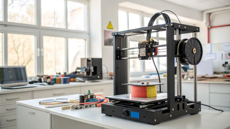 A modern 3D printer in action in a well-organized workshop