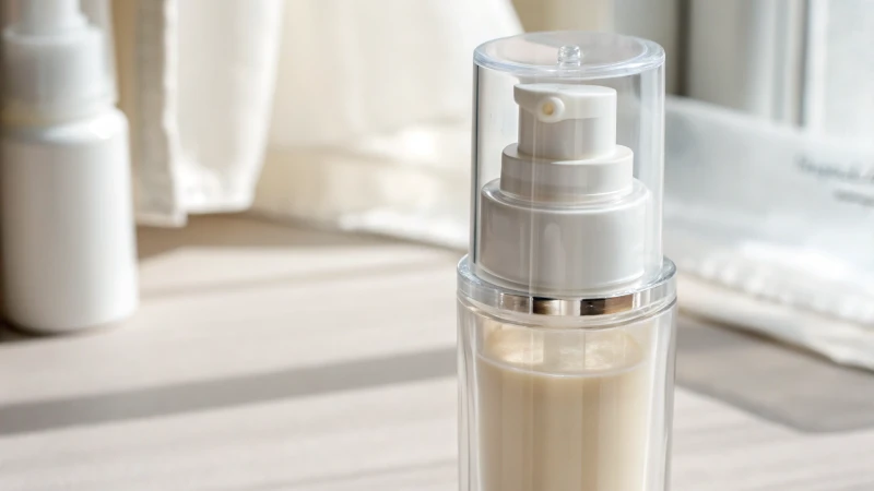 Close-up of a transparent airless pump bottle for skincare