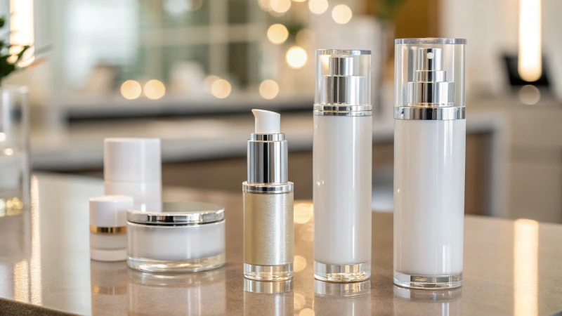 Collection of modern airless skincare packaging on a polished surface