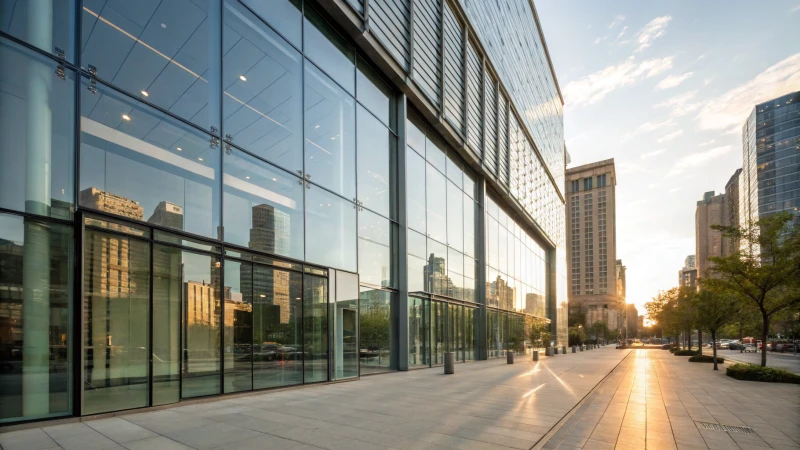 A modern building with large glass panels surrounded by urban scenery.