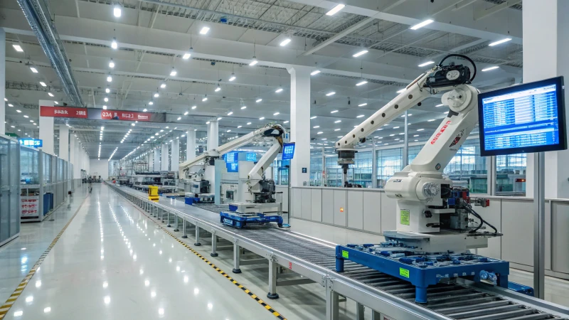 Interior of a modern automated factory with robotic arms