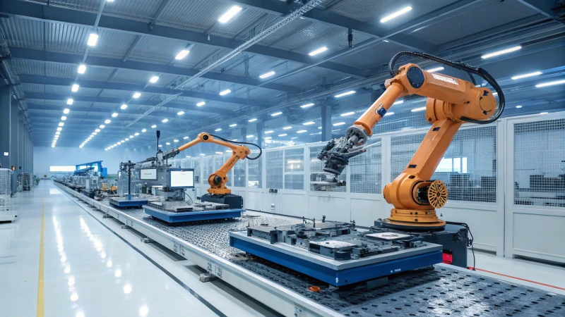 A modern automated manufacturing facility with robotic arms