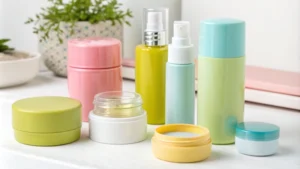 A display of modern child-resistant cosmetic packaging with eco-friendly designs