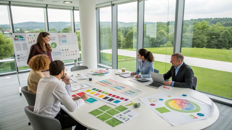 A diverse group of professionals in a conference room discussing sustainable packaging.