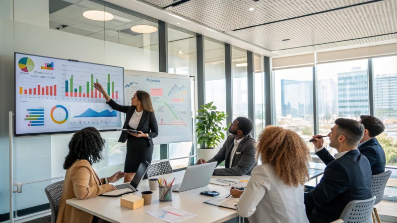 A diverse group of business professionals in a modern conference room discussing pricing strategies.